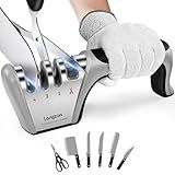 Longzon 4-in-1 Knife Sharpener [4 Stage] with a Pair of Cut-Resistant Glove,Original Premium Polish Blades, Best Kitchen Knife Sharpener Works for Fruit and Steel Knives, Scissors(Black+Silver)