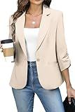 ELLEVEN Womens Blazer Business Casual Suit Jacket Slim Fit Fitted Ruched 3/4 Sleeve Petite Crop Blazer Dressy Full Lining Lightweight Outfits Coat Cardigan with Padded Shoulder Khaki Medium