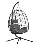 SWITTE Hanging Egg Chair with Stand, Outdoor Indoor Rattan Wicker Egg Swing Chair with Cushion, Heavy Duty Patio Hammock Chairs for Garden Backyard Balcony Bedroom, 400LBS Capacity, Dark Grey