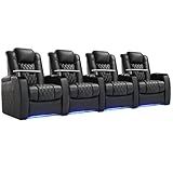 Weilianda Home Theater Seating Top Grain Leather Zero Gravity Recliner Chair Power Headrest Recline Movie Seat Gaming 7 Colors Mood Light Sofa with Tray Table USB Charge Row of 4 Black
