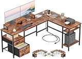Furologee 66” L Shaped Desk with Power Outlet, Reversible Computer Gaming Desk with File Drawer & 2 Monitor Stands for Home Office with Storage Shelves, Rustic Brown