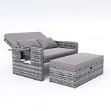 Amopatio Wicker Outdoor Daybed, Outdoor Loveseat with Storage Ottoman, Rattan Patio Daybed, Patio Loveseat with 4-Level Adjustable Backrest & Folding Tray, for Yard, Balcony, Porch, Poolside, Grey