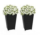 Keter Set of 2 Resin Modern Outdoor 22 Inch Tall Large Flower Pots, Tapered Wood Look Planters for Outdoor Plants and Front Porch Decor, Graphite