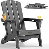SUUNYN Folding Adirondack Chair, HDPE All-Weather Fire Pit Chairs, Plastic Adirondack Chairs with 2 Cup Holder, Outdoor Lawn Chair for Patio Garden (Grey)