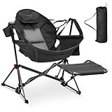 Ainfox Hammock Camping Chair with Footrest, Foldable Portable Rocking Chairs for Adults Outside Swinging Camp with Cup Holder Pillow for Outdoor Patio Poolside (Black)
