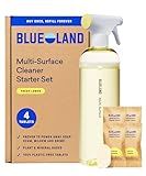 BLUELAND Multi-surface Cleaner, Starter Set, Fresh Lemon Scent, Spray Bottle with 4 Refill Tablets, All-Purpose, Eco-Friendly Cleaning Supplies, 4 x 24 Fl oz