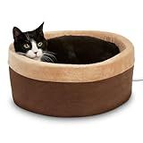 K&H Pet Products Thermo-Kitty Bed Heated Cat Beds for Indoor Cats & Dogs, Calming Warming Pillow Pet Bed, Machine Washable, Removable Heater, Safety Listed - Small 16" Round Mocha/Tan