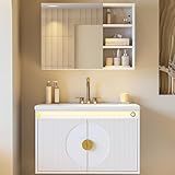 IRONCK Floating Bathroom Vanity with Sink, Mirror Medicine Cabinet, LED Strip Light, 30 Inches Modern Wall Mounted Sink Cabinets & Mirror Cabinets Set with Large Storage Space, White