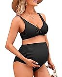Charmo High Waist Maternity Swimsuit Bikini Bathing Suits Ruched Maternity Two Piece Pregnancy Bikini Swimwear M Black