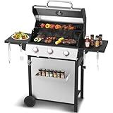 IdeaMaxx Propane Gas BBQ Grill, Upgraded 30,000 BTU Stainless Steel Barbecue Grill with Foldable Side Tables, Spice Rack & Wheels for Outdoor Cooking(3 Burner grill)