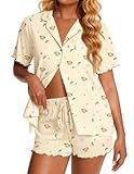 Ekouaer Viscose from Bamboo Women Pajama Sets Button Up Cooling Pjs Short Sleeve Ruffle Sleepwear 2 Piece Lounge Shorts Set