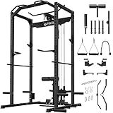 Mikolo F4 2.0 Power Cage with Dual-Track Smooth Pulley System, 1200LBS Power Rack with Leg Hold-Down for Heavy LAT Pulldowns, All-in-One Squat Rack with More Training Attachments for Home Gym