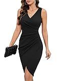 IHOT Wedding Guest Dress for Women V Neck Sleeveless Ruched Bodycon Tulip Hem Wrap Dress Elegant Midi Cocktail Party Funeral Club Dresses Black Medium