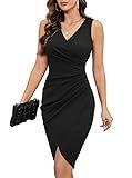 IHOT Wedding Guest Dress for Women V Neck Sleeveless Ruched Bodycon Tulip Hem Wrap Dress Elegant Midi Cocktail Party Funeral Club Dresses Black Medium