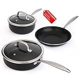 PRAMEDIA 5PC Induction Cookware Set with Tempered Glass Lids, Ultra Nonstick Pots and Pans Set with Stainless Steel Handle, Oven Safe and Dishwasher Safe, Non Toxic & Granite Cooking Set, Black