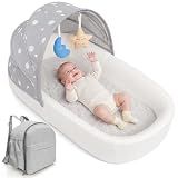 MonGianda Portable Newborn Nest Lounger with Canopy & Mosquito Net-Lightweight Foldable Newborn Play Support & pad and Washable Cover, Indoor-Outdoor Use (Grey)