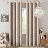 MIULEE 100% Blackout Linen Textured Curtains for Bedroom Solid Thermal Insulated Natural Beige Grommet Room Darkening Curtains & Drapes Luxury Decor for Living Room Nursery 52 x 84 Inch (2 Panels)
