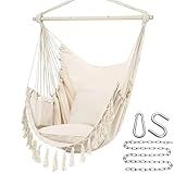 Y- STOP Hammock Chair Hanging Rope Swing, Max 500 Lbs, 2 Cushions Included, Large Macrame Hanging Chair with Pocket for Superior Comfort, with Hardware Kit (Beige)