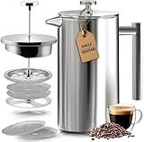 Utopia Kitchen Stainless Steel French Press Coffee Maker 34 Oz (1 Litre) with 2 Extra Filters, French Press Coffee & Tea Maker for Kitchen & Camping, Cold Brew Cafetiere, Silver