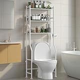 AriseWork 3-Tier Over The Toilet Storage Organizer, Space-Saving Bathroom Rack with Paper Holder & 4 Hooks, 64" Tall Freestanding Carbon Steel Shelf for Small Apartment Laundry Room (White)