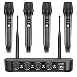 Aveek Wireless Microphone System with 4-Pack Dynamic Handheld Mics, 262ft Long Range, 40-Hour Battery, Low Latency Studio Sound for Karaoke, Singing, Speech, Church, Stage, Wedding, DJ & Events