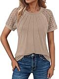 AUTOMET Womens Summer Tops Spring Shirts Trendy Vacation Outfits Short Sleeve Business Tshirts Fashion Casual Blouses Khaki M