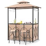 Tangkula 3-Piece Patio Bar Set, Grill Gazebo & 2 Bar Stools with Tempered Glass Bar Table, Metal Storage Shelves, Glass Holders, Double-Tier Soft Top Canopy BBQ Gazebo Shelter for Patio Garden (Brown)