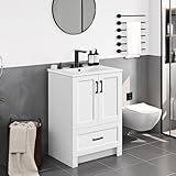 Yaheetech 24.5" Modern Bathroom Vanity with Ceramic Basin, Undermount Vanity Sink Cabinet with 2 Doors and 1 Drawer, Free Standing Bathroom Storage Cabinet with Sink Combo Set, White