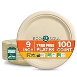 ECO SOUL 9 Inch Disposable Bagasse Paper Plates (100 Pack, Round)