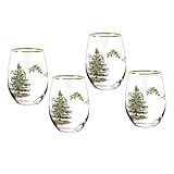 Spode Christmas Tree 19oz Stemless Wine Glasses, Set of 4 - Vintage-Inspired Holiday Drinkware with Cozy Seasonal Charm, Ideal for Mulled Wine at Festive Gatherings & Holiday Entertaining