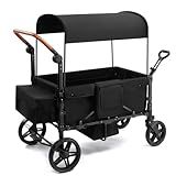 SAFETY CAREYA Stroller Wagon for 4 Kids, Foldable Wagon with Footwell, Lightweight, Adjustable Push and Pull Handles, 5-Point Harness, Adjustable Canopy for Outdoor Adventures (Black)