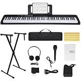 88 Key Piano Keyboard, Electric Digital Piano with Semi Weighted Keys, Keyboard Piano with Sustain Pedal, Power Supply, Stand, Carrying Case, Headphones, USB-MIDI Compatibility, for Beginner Adults