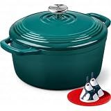 Overmont Enameled Cast Iron Dutch Oven - 5.5QT Pot with Lid Cookbook & Cotton Potholders - Heavy-Duty Cookware for Braising, Stews, Roasting, Sourdough Baking Bottle green