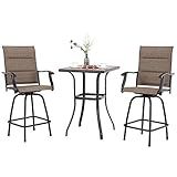PHI VILLA 3 Piece Outdoor Swivel Bar Stools Set, Bar Height Patio Set with 2 Padded Textilene Fabric Chairs, All-Weather High Top Patio Bistro Table and Chairs Furniture, Brown