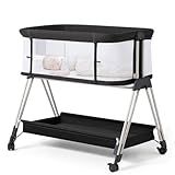 Fodoss Baby Bassinet Bedside Sleeper with Wheels and Storage Tray,4-Sided Mesh Bedside Bassinet for Infant/Newborn,7 Height Adjustable Easy Folding Bedside Crib