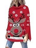 LILLUSORY Ugly Christmas Sweater Women Funny Mock Turtleneck Oversized Knit Pullover 2026 Tunic Tops Wear with Leggings XmasDeer M