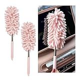 NYTKL 2PCS Car Interior Duster with Extension Pole, 11.8" to 30.5" Retractable Dusters Auto Dash Cleaning Tool, Soft Chenille Hand Washable Dusters for Car Window Furniture Office (Light Pink)