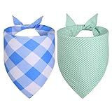WoffBow Summer Dog Bandanas 2 Pack (4-Pattern) for Medium Large Dogs - Reversible Plaid Blue Mint Tie-On Scarves, Spring Gingham & Stripe for Boy Girl Pups, 14-18" Neck