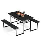 VINGLI 4.5FT Outdoor Picnic Table with Storage Shelf & Umbrella Hole, All Weather Metal Frame HDPE Tabletop Plastic Picnic Table for Dining Party Garden(Black)