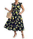 RITERA Plus Size Dress for Curvy Women 3X Summer Navy Blue Lemon Maxi Dress Cap Sleeve V Neck Ruffle Long Boho Casual Beach Vacation Dresses Weddings Guest Sundress 3XL 22W 24W
