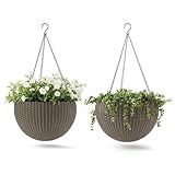 Keter Resin Rattan Set of 2 Round Hanging Planter Baskets for Indoor and Outdoor Plants-Perfect for Porches and Patio Decor, Cappuccino