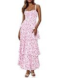 Fisoew Womens Floral Maxi Dresses Spaghetti Strap Casual Sleeveless Ruffle Flowy Tiered Dress Pink
