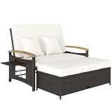 Outsunny Rattan Outdoor Daybed, PE Wicker Patio Loveseat with Storage Ottoman, 4-Level Adjustable Back, Folding Side Trays, Acacia Wood Armrest, Double Sun Lounger with Cushions, Pillows, Beige
