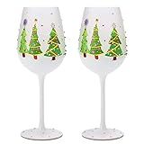 Winter Tree Design Stemmed Wine Glasses Set of 2, 17.5oz Elegant Red Green Yellow Silver Drinkware, Decorative Glassware for Party Wedding Entertaining Table Display
