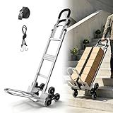 Aluminum 2 in 1 Hand Truck Dolly Cart with 6 Wheels, 600 Lbs Capacity, Heavy Duty Stair Climbing Dolly with Dual Handles, Bungee Cord & Strap for Flat Ground & Stairs, Warehouse, Home, Office, Silver