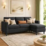JAMFLY 3-Seat Reversible Sectional Sofa with Convertible Ottoman, Modern Ribbed Fabric L-Shaped Couch for Living Room, Small Apartment & Office, Easy Tool-Free Assembly, Grey