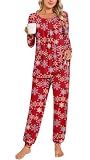 Anymeet Womens Soft Fall-Winter Long Sleeve 2 Piece Pajama Set Crew Neck Comfy Lounge Sleepwear Snowflake Red Plus Size X-Large