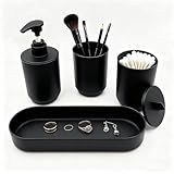 LGURT 4-Piece Bathroom Accessories Set, Matte Black Plastic Countertop Organizer with Toothbrush Holder, Lotion Soap Dispenser, Qtip Holder & Vanity Tray – Modern Bathroom Decor for Home
