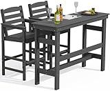 SERWALL Outdoor Bar Table and Chairs Set, Adirondack Bar Chairs Set of 2 and Bar Height Table, All Weather HDPE Patio Bar Set, Outdoor Furniture for Outside, Grey