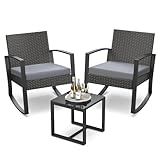 Qsun 3 Pieces Outdoor Patio Furniture Set Rocking Bistro Set Outdoor Rattan Conversation with Coffee Table for Garden Balcony Backyard Poolside (Grey Cushion)